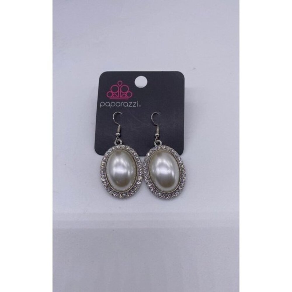 Paparazzi Jewelry Celebrity Crush White Oval Earrings Rhinestone Encrusted Dangl